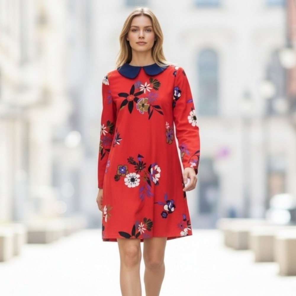 Modcloth Red Dress with Peter Pan Navy Collar Small